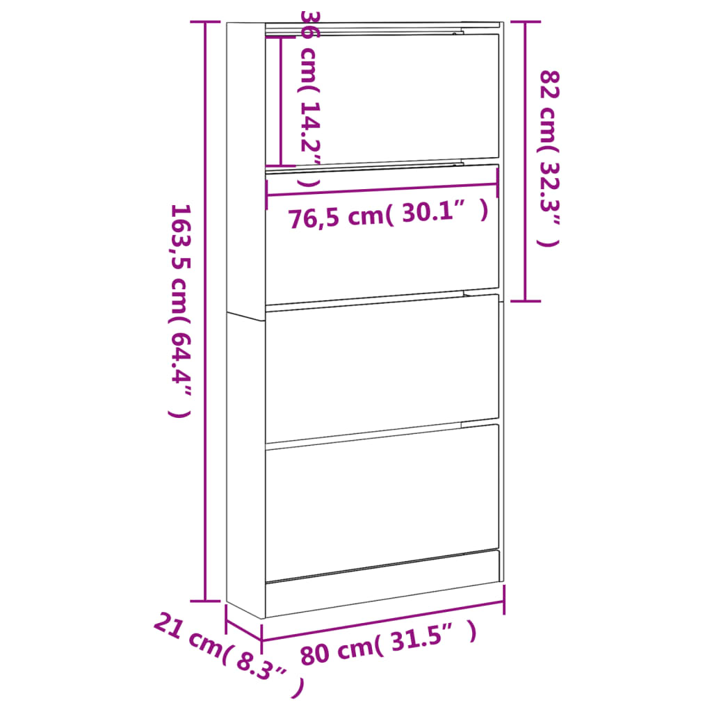 vidaXL Armoire à chaussures 4 tiroirs rabattables noir 80x21x163,5 cm