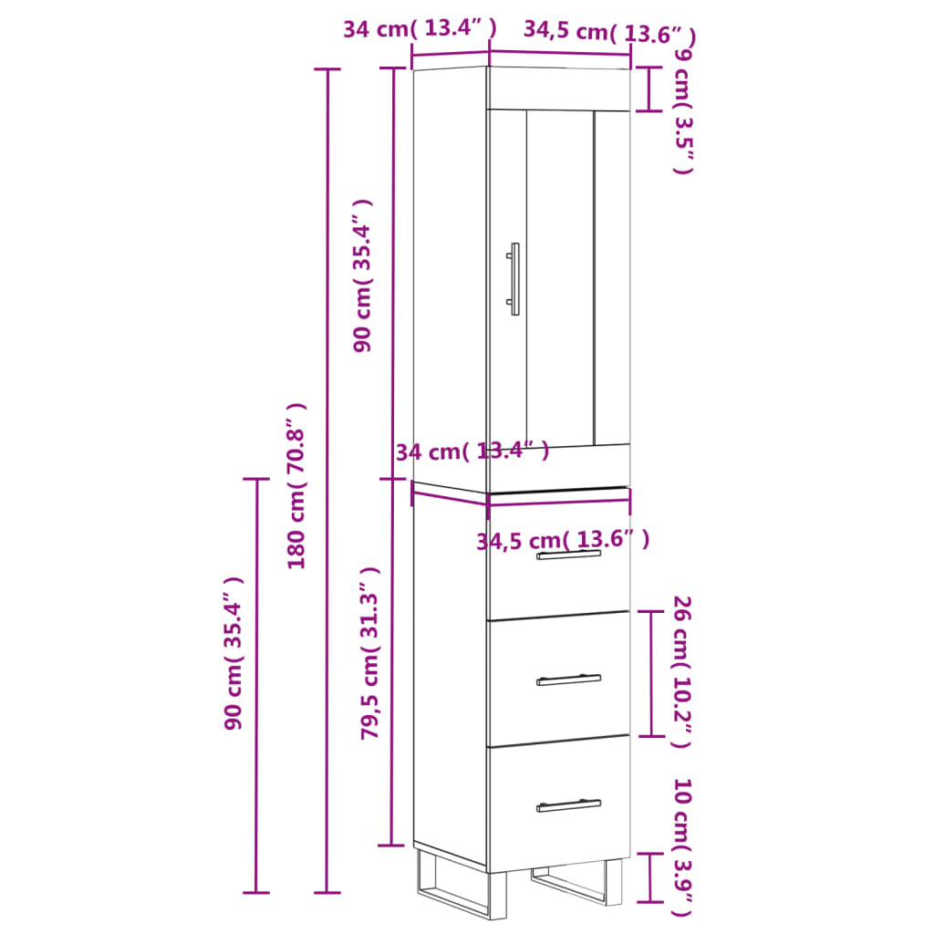 vidaXL Buffet haut Chêne marron 34,5x34x180 cm Bois d'ingénierie