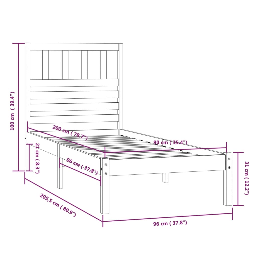 vidaXL Cadre de lit Blanc Bois de pin massif 90x200 cm