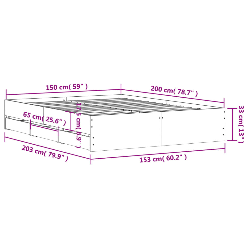 vidaXL Cadre de lit avec tiroirs sans matelas chêne marron 150x200 cm