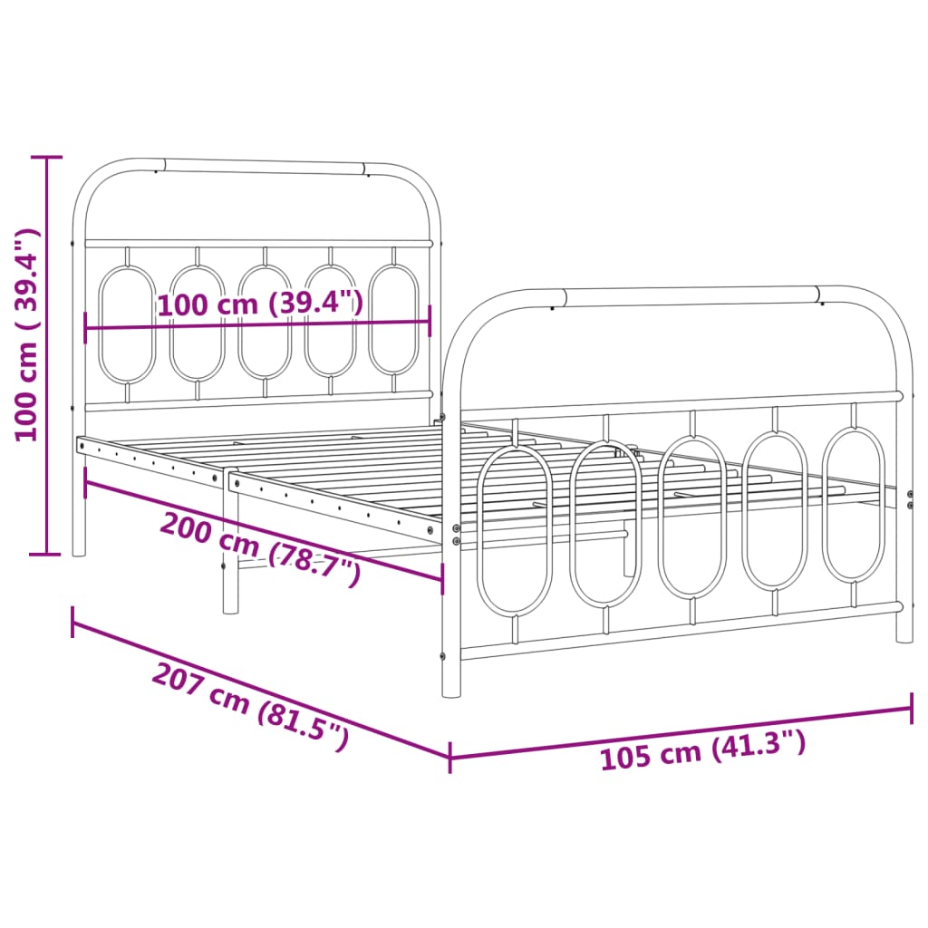 vidaXL Cadre de lit métal sans matelas et pied de lit noir 100x200 cm