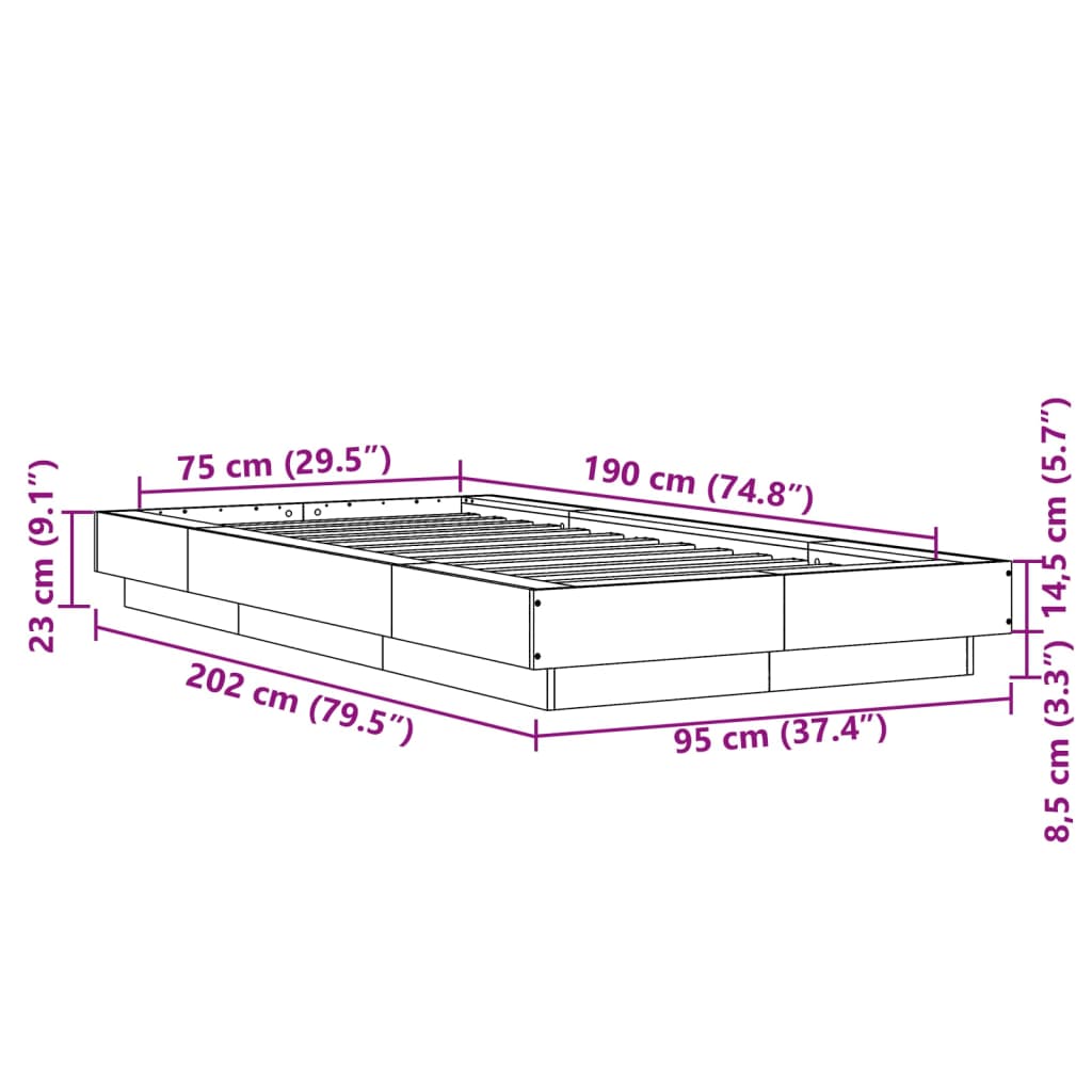 vidaXL Cadre de lit chêne marron 75x190 cm bois d'ingénierie