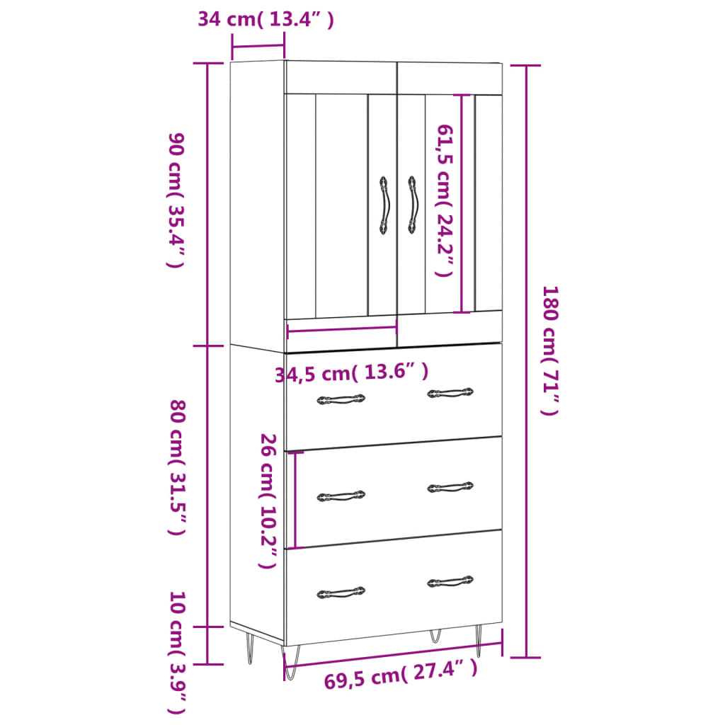 vidaXL Buffet haut Chêne fumé 69,5x34x180 cm Bois d'ingénierie