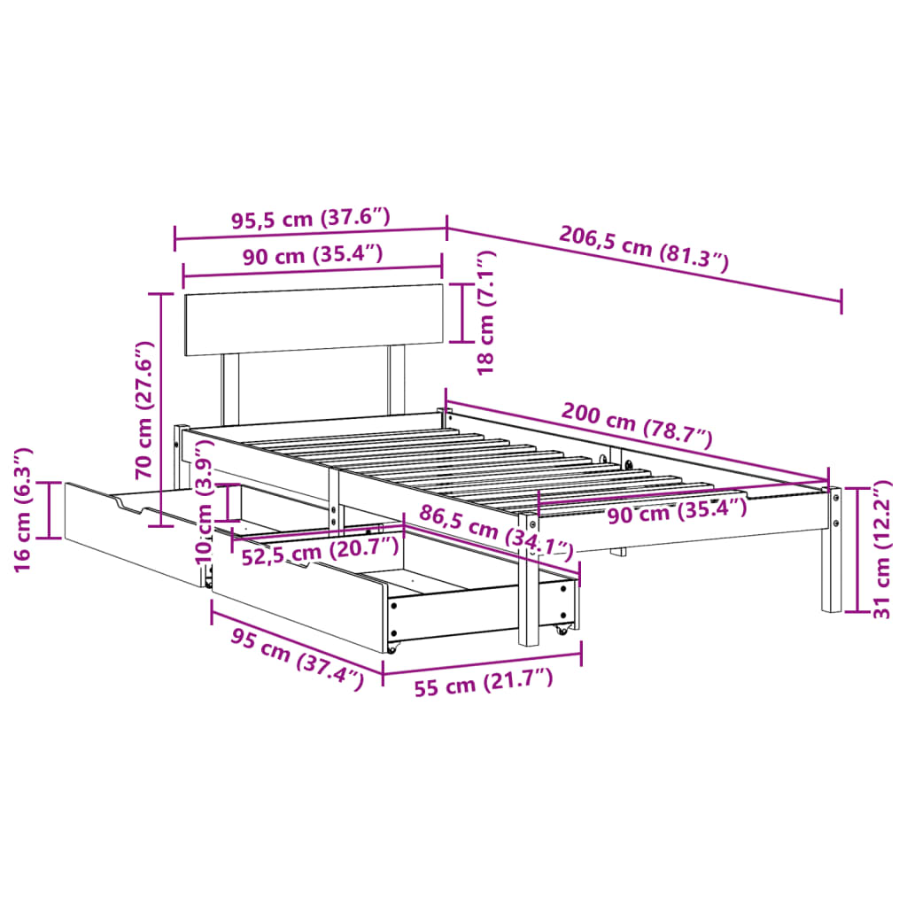 vidaXL Cadre de lit sans matelas blanc 90x200 cm bois de pin massif