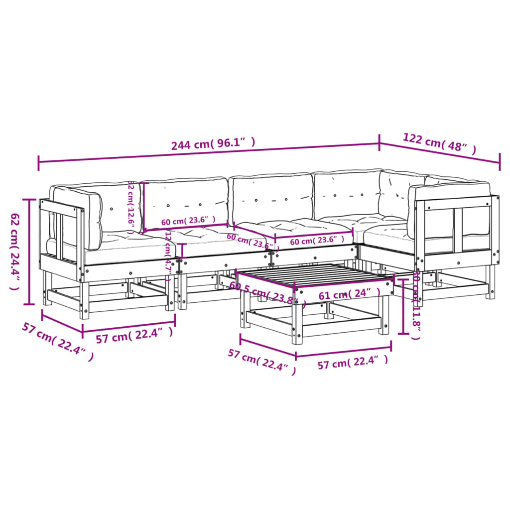 vidaXL Salon de jardin 6 pcs avec coussins bois massif