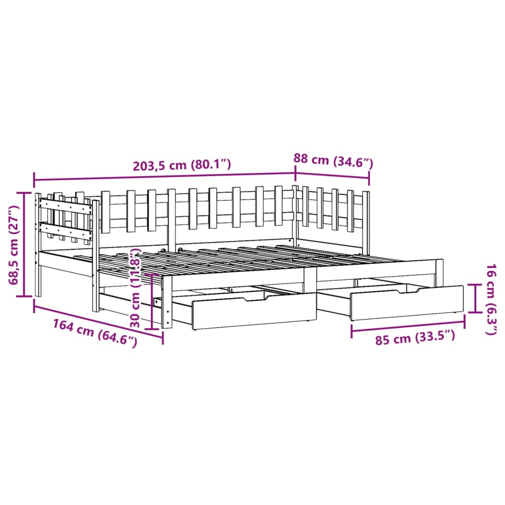 vidaXL Lit de jour et lit gigogne et tiroirs 80x200 cm bois pin massif