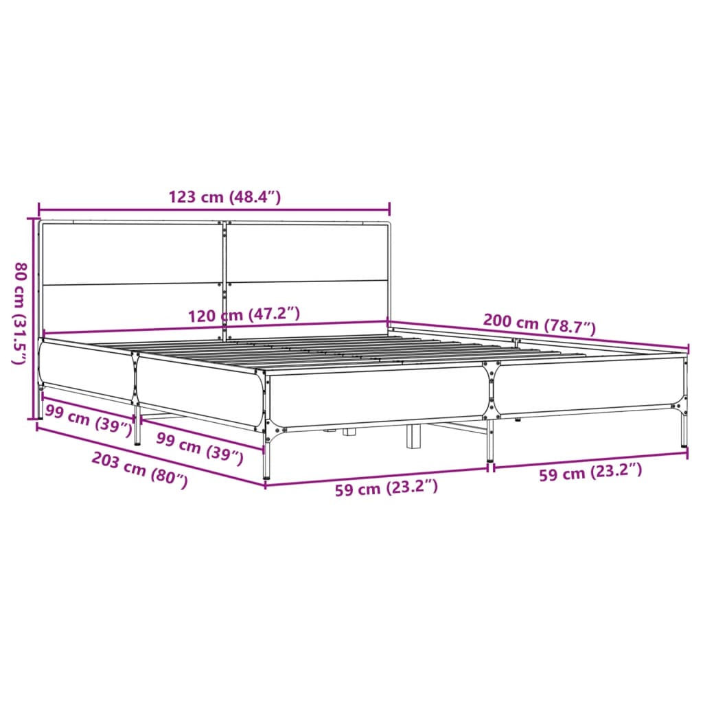 vidaXL Cadre de lit chêne fumé 120x200 cm bois d'ingénierie et métal