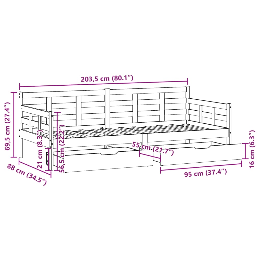 vidaXL Lit de jour avec tiroirs blanc 80x200 cm bois de pin massif