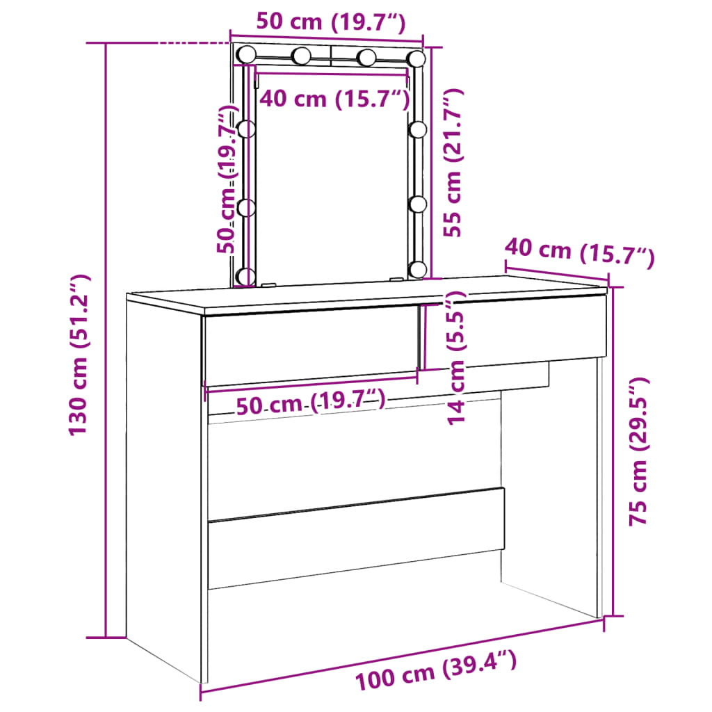 vidaXL Coiffeuse avec LED chêne fumé 100x40x130 cm