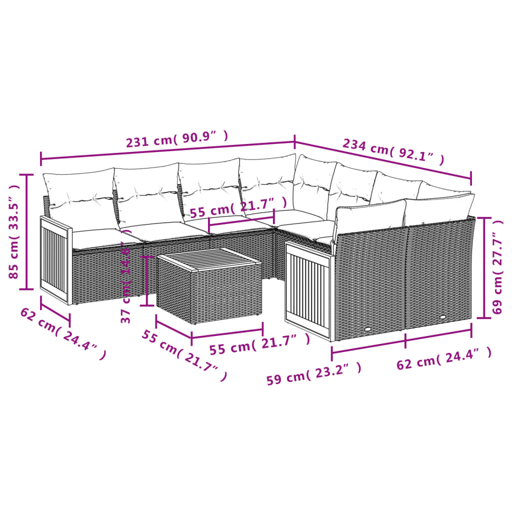 vidaXL Salon de jardin avec coussins 9 pcs beige résine tressée