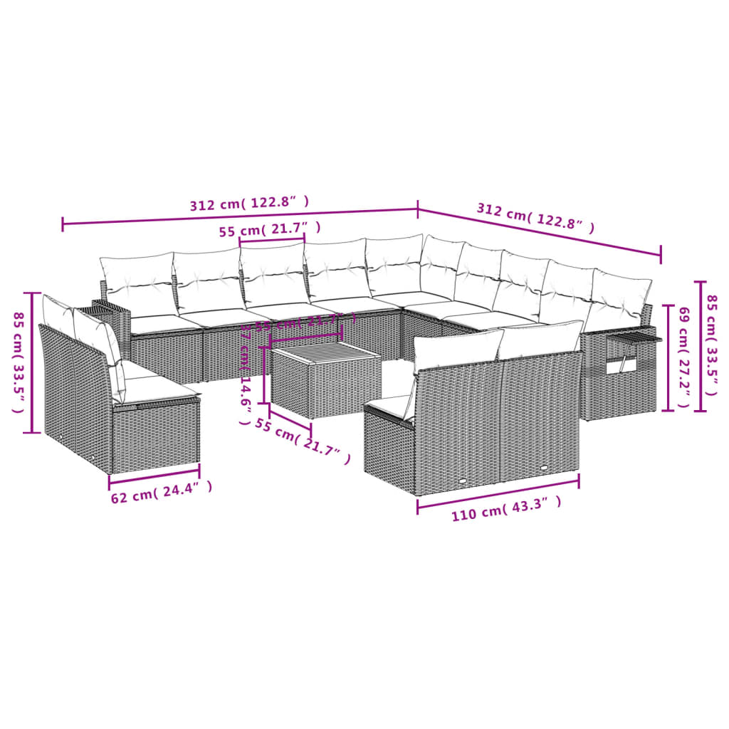 vidaXL Salon de jardin avec coussins 14 pcs gris résine tressée