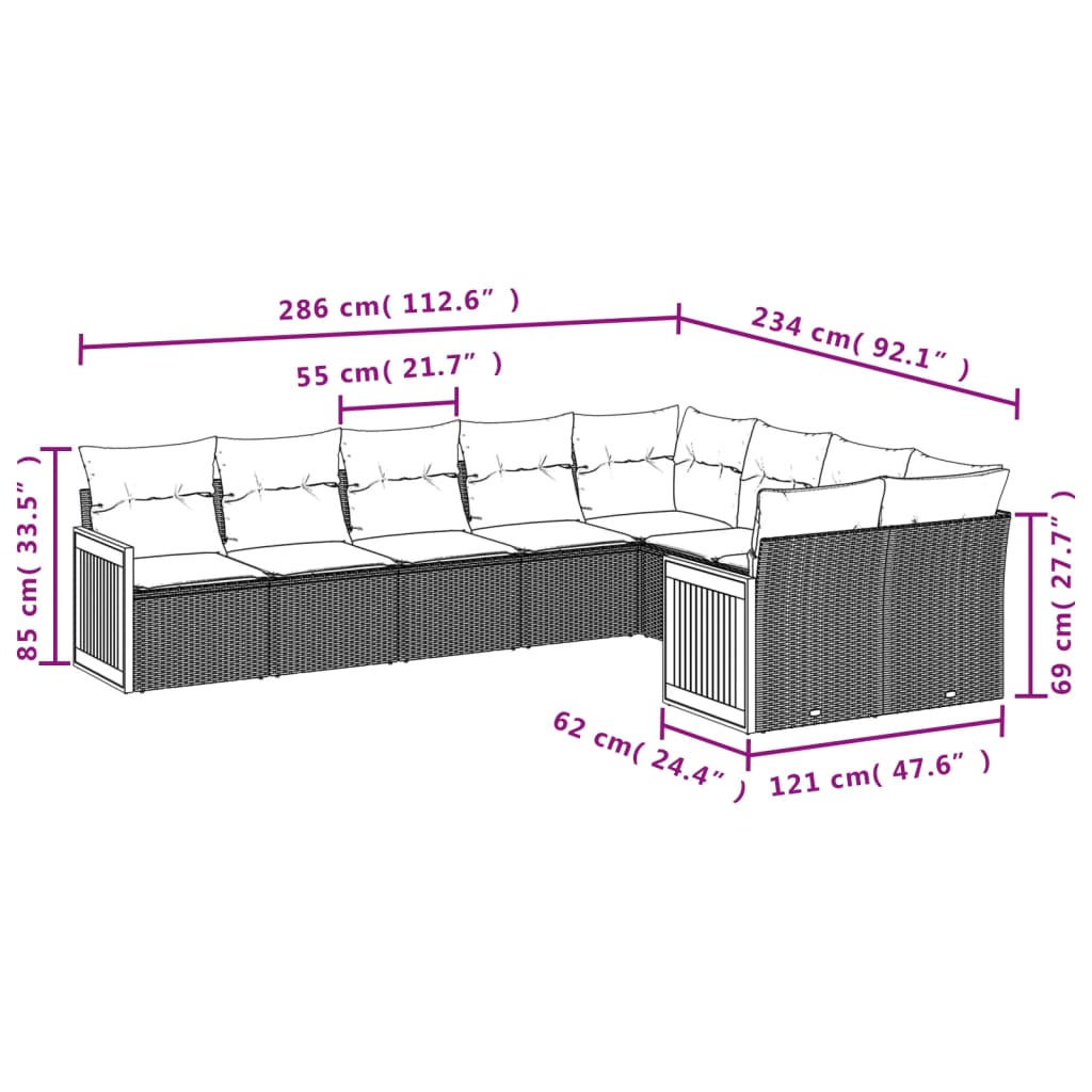 vidaXL Salon de jardin 9 pcs avec coussins gris résine tressée