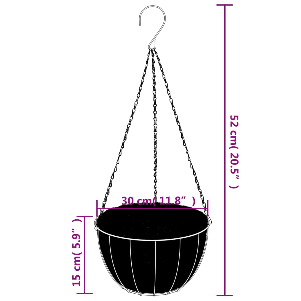 vidaXL Jardinières suspendues 4 pcs avec doublure coco Noir Ø 30x52 cm