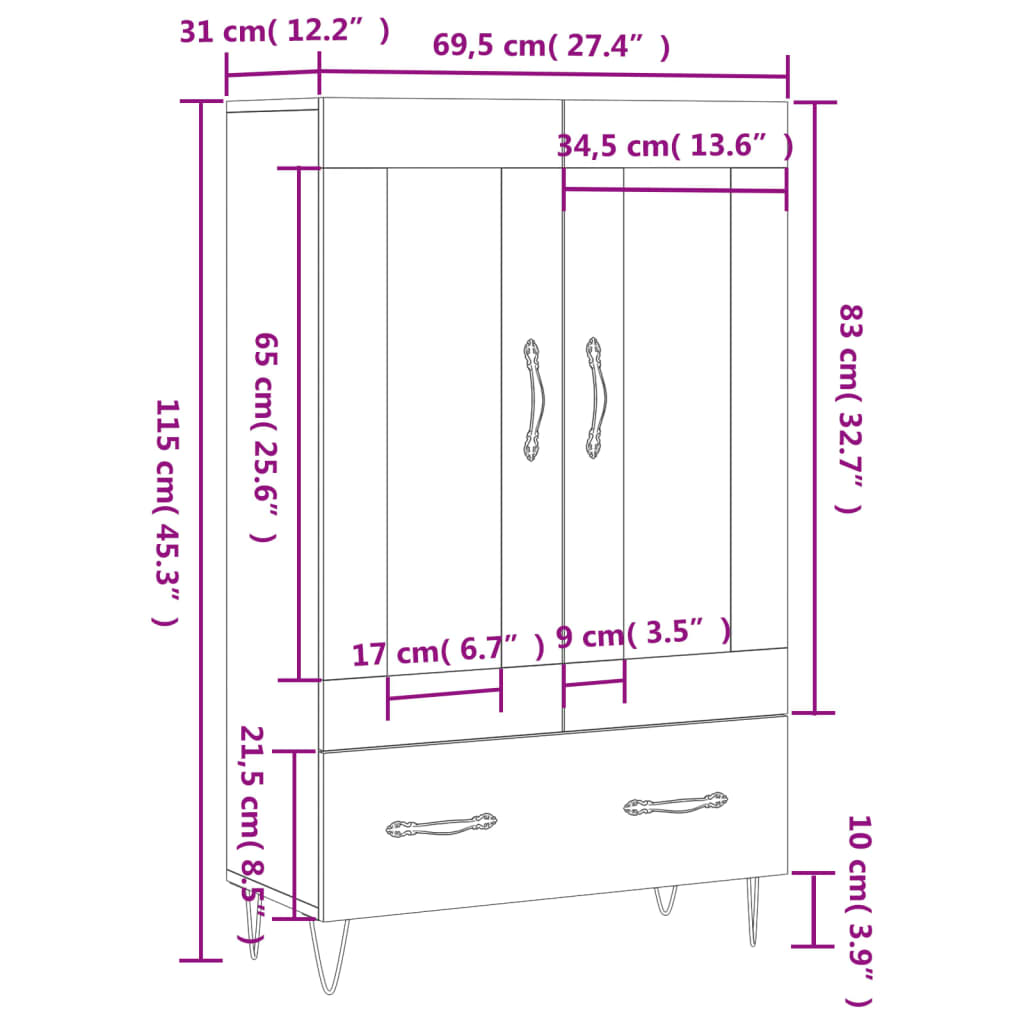 vidaXL Buffet haut chêne marron 69,5x31x115 cm bois d'ingénierie