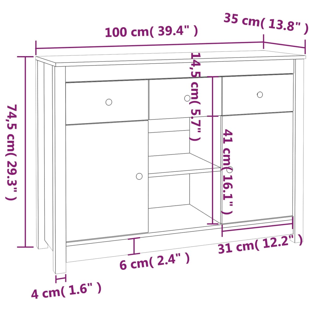 vidaXL Buffet Blanc 100x35x74,5 cm Bois massif de pin