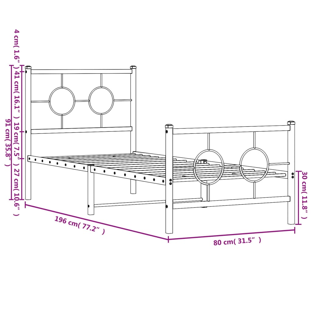 vidaXL Cadre de lit métal sans matelas avec pied de lit noir 75x190 cm