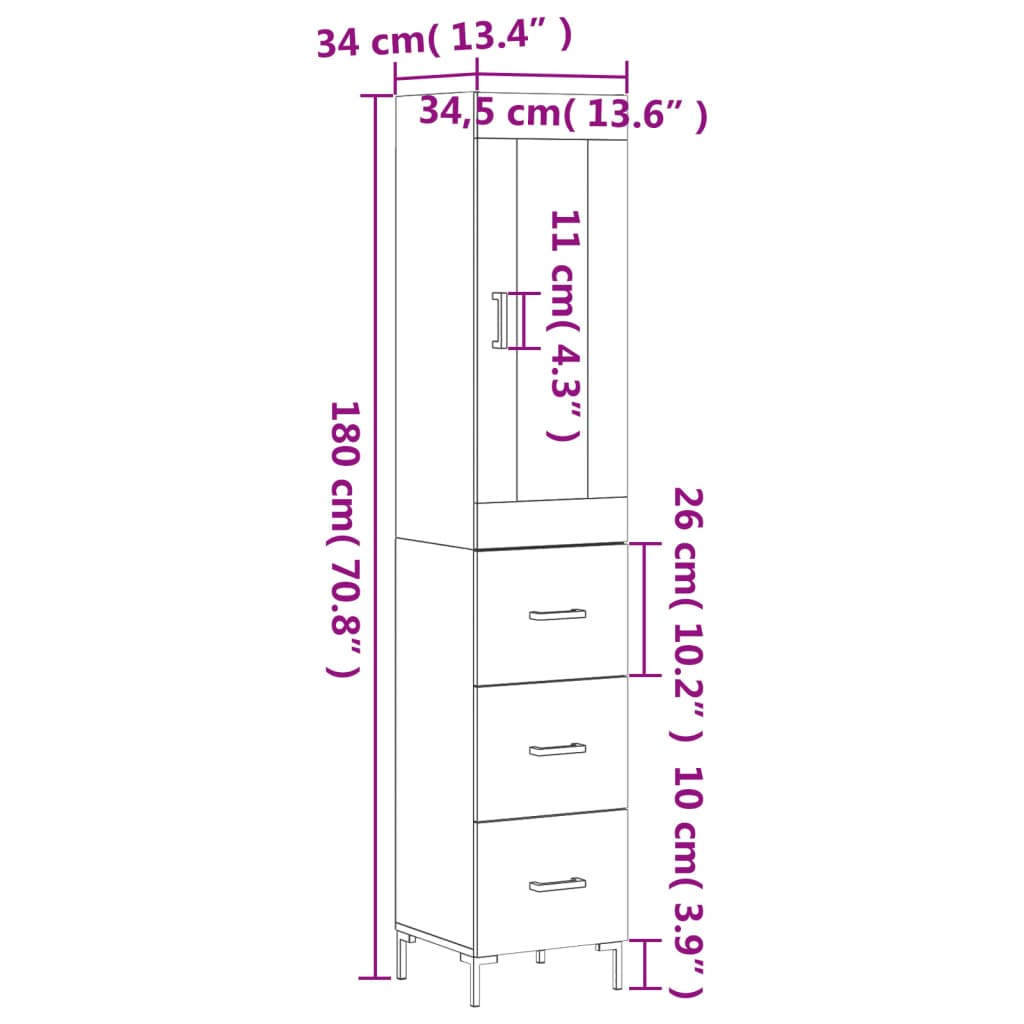 vidaXL Buffet haut Chêne sonoma 34,5x34x180 cm Bois d'ingénierie