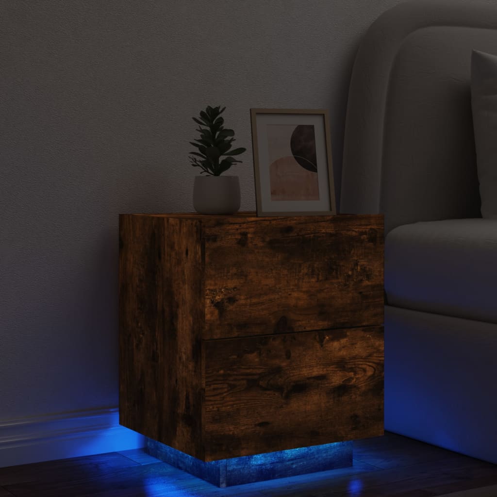 vidaXL Armoire de chevet et lumières LED chêne fumé bois d'ingénierie