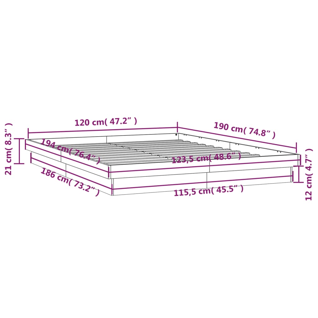 vidaXL Cadre de lit à LED blanc 120x190 cm petit double bois massif