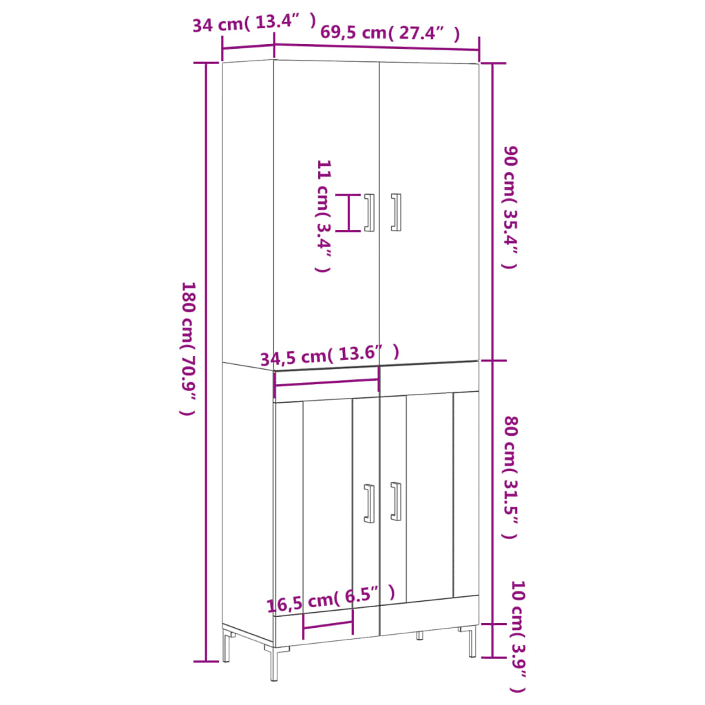 vidaXL Buffet haut Chêne marron 69,5x34x180 cm Bois d'ingénierie