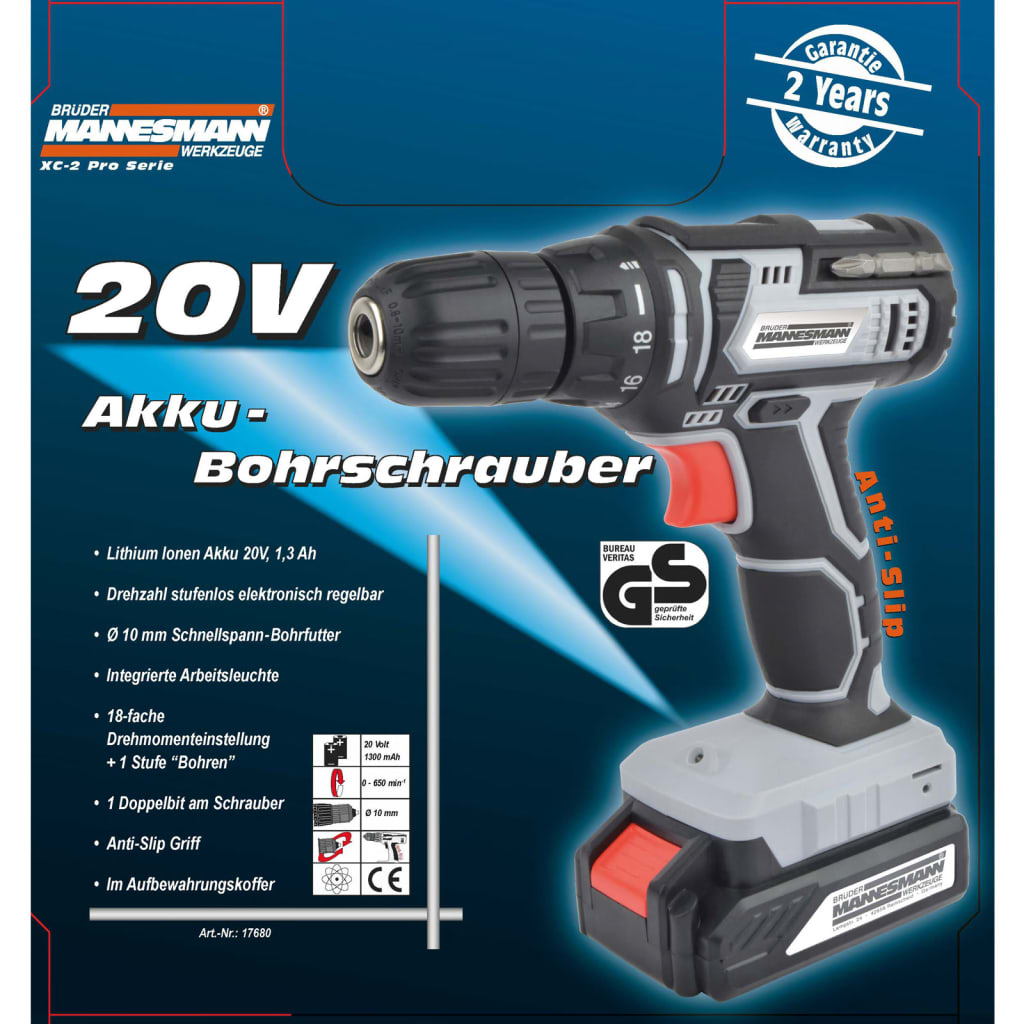 Brüder Mannesmann Perceuse sans fil 20 V 1,3 Ah