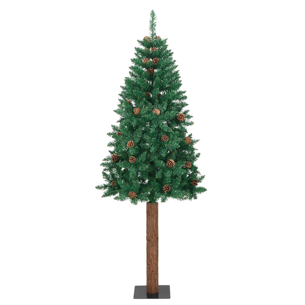 vidaXL Sapin de Noël mince avec bois véritable et cônes vert 150cm PVC