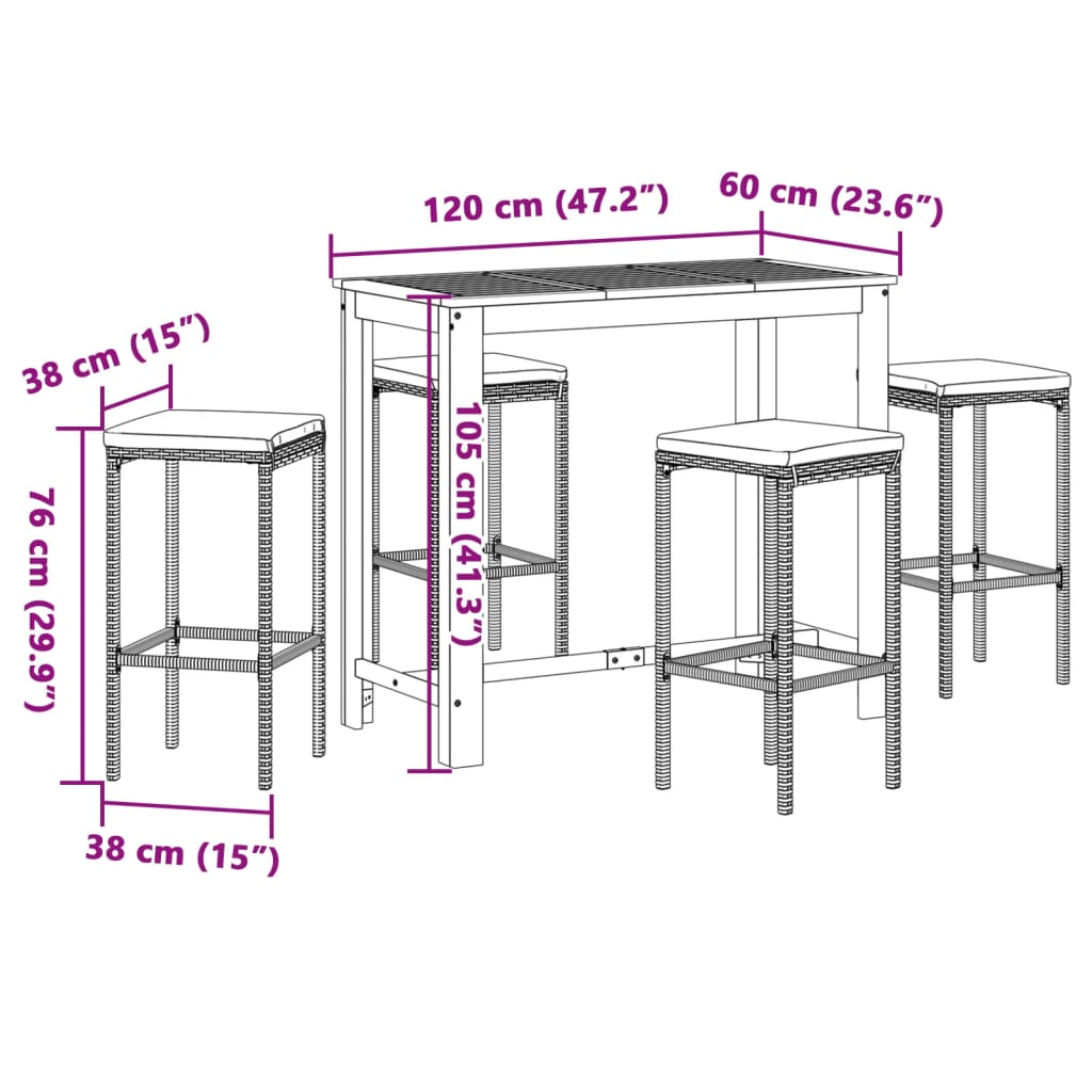 vidaXL Ensemble de bar de jardin 5 pcs noir bois massif acacia rotin