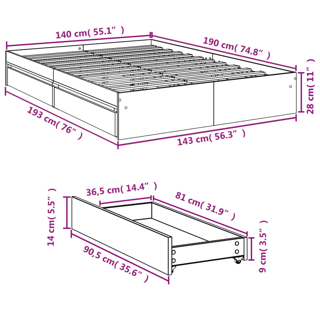 vidaXL Cadre de lit avec tiroirs sans matelas chêne sonoma 140x190 cm