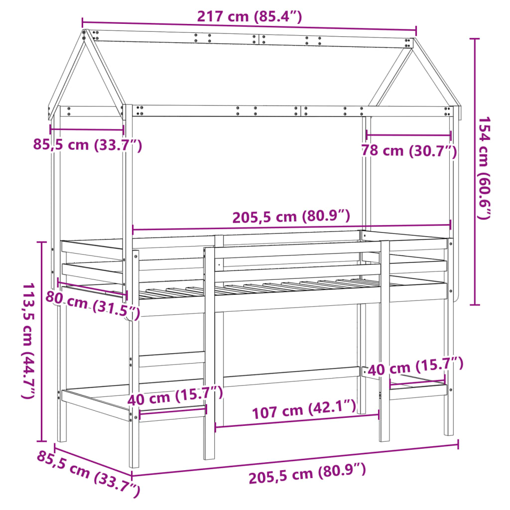 vidaXL Lit superposé et échelle et toit 80x200 cm bois de pin massif