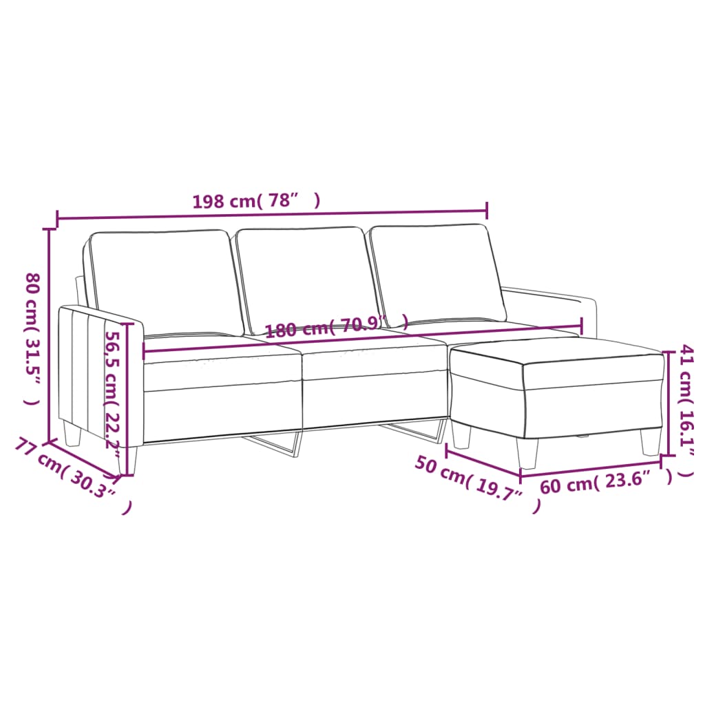 vidaXL Canapé à 3 places avec repose-pieds Noir 180 cm Tissu