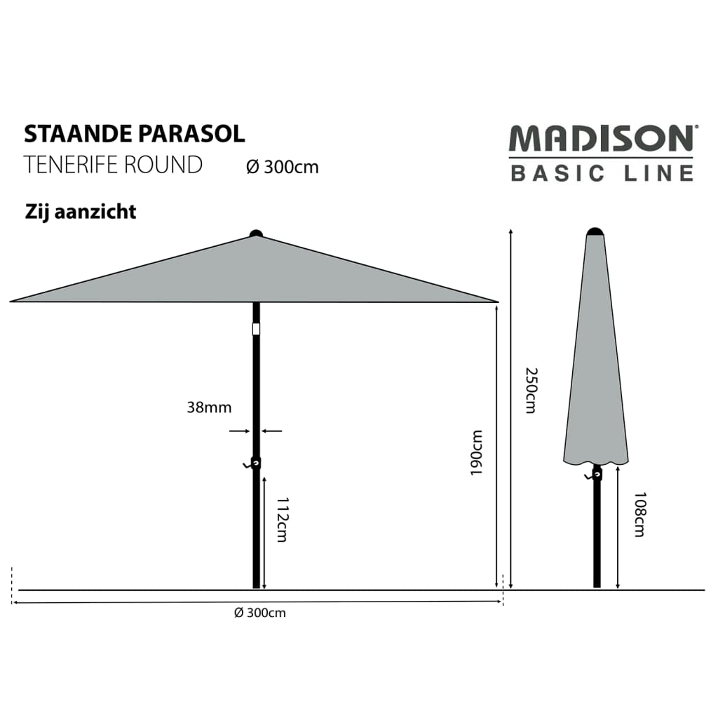 Madison Parasol de jardin Tenerife 300 cm rond gris