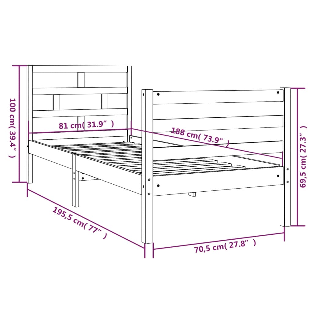 vidaXL Cadre de lit Noir 75x190 cm Petit simple Bois massif