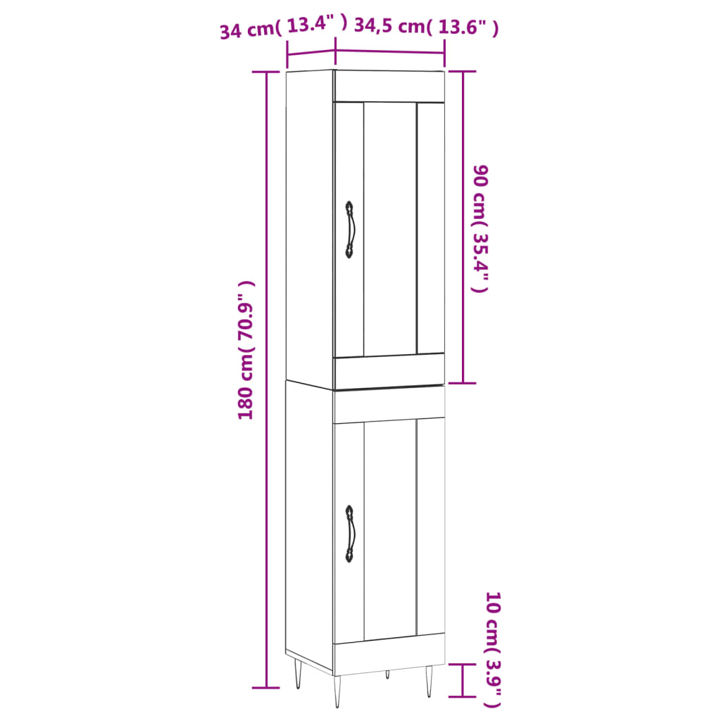 vidaXL Buffet haut Sonoma gris 34,5x34x180 cm Bois d'ingénierie