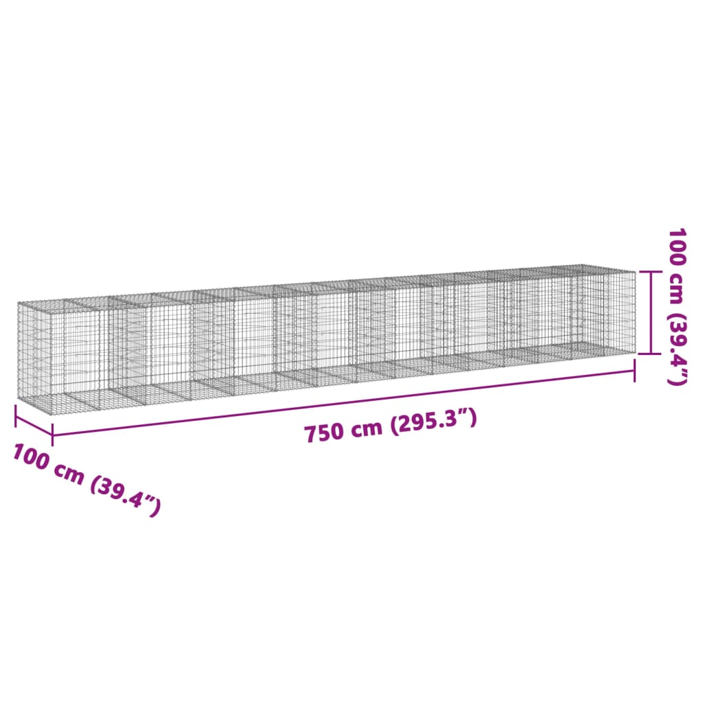 vidaXL Panier gabion avec couvercle 750x100x100 cm fer galvanisé