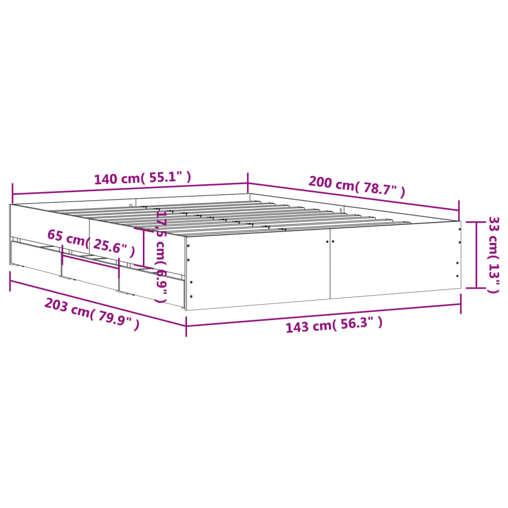 vidaXL Cadre de lit avec tiroirs sans matelas chêne sonoma 140x200 cm