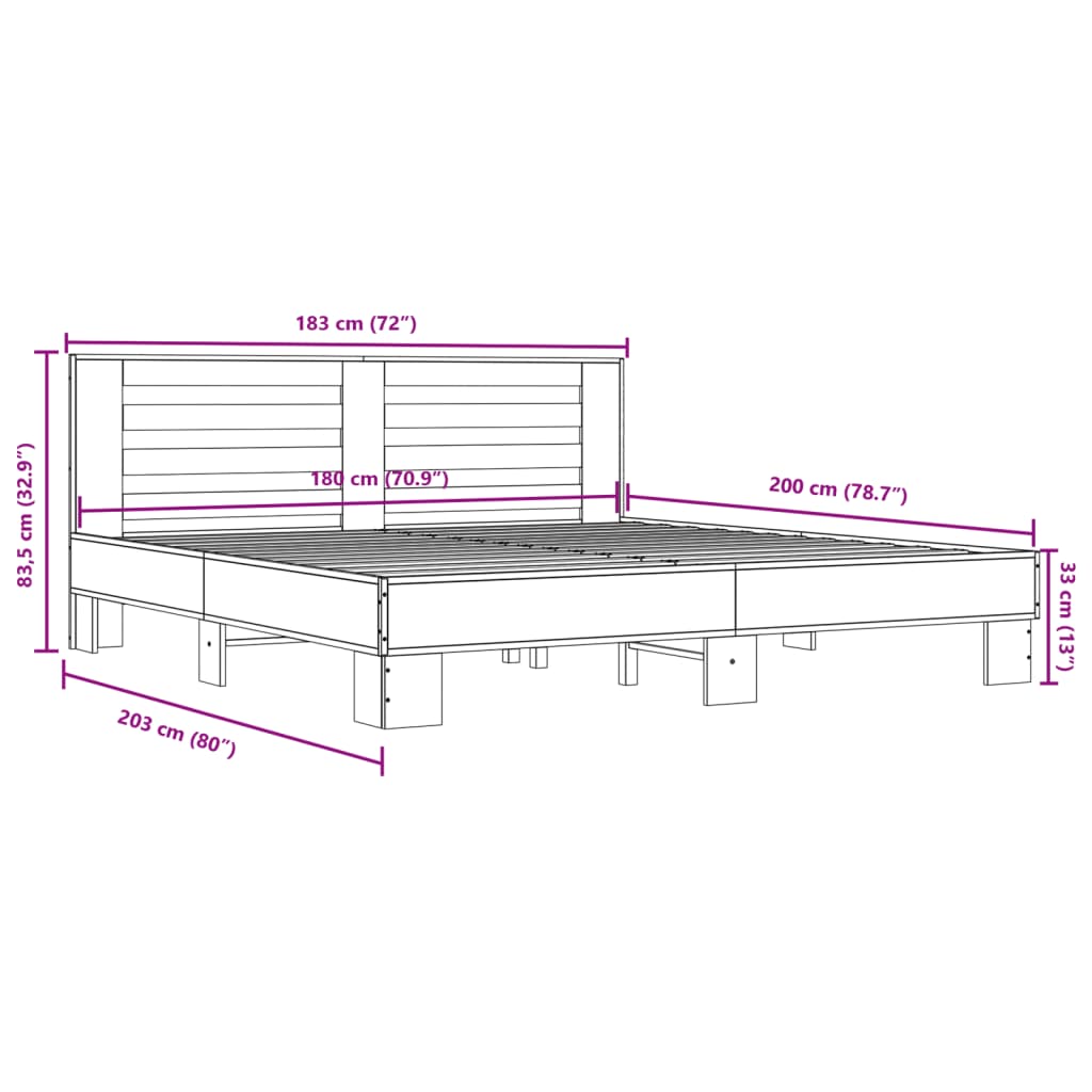 vidaXL Cadre de lit sonoma gris 180x200 cm bois d'ingénierie et métal