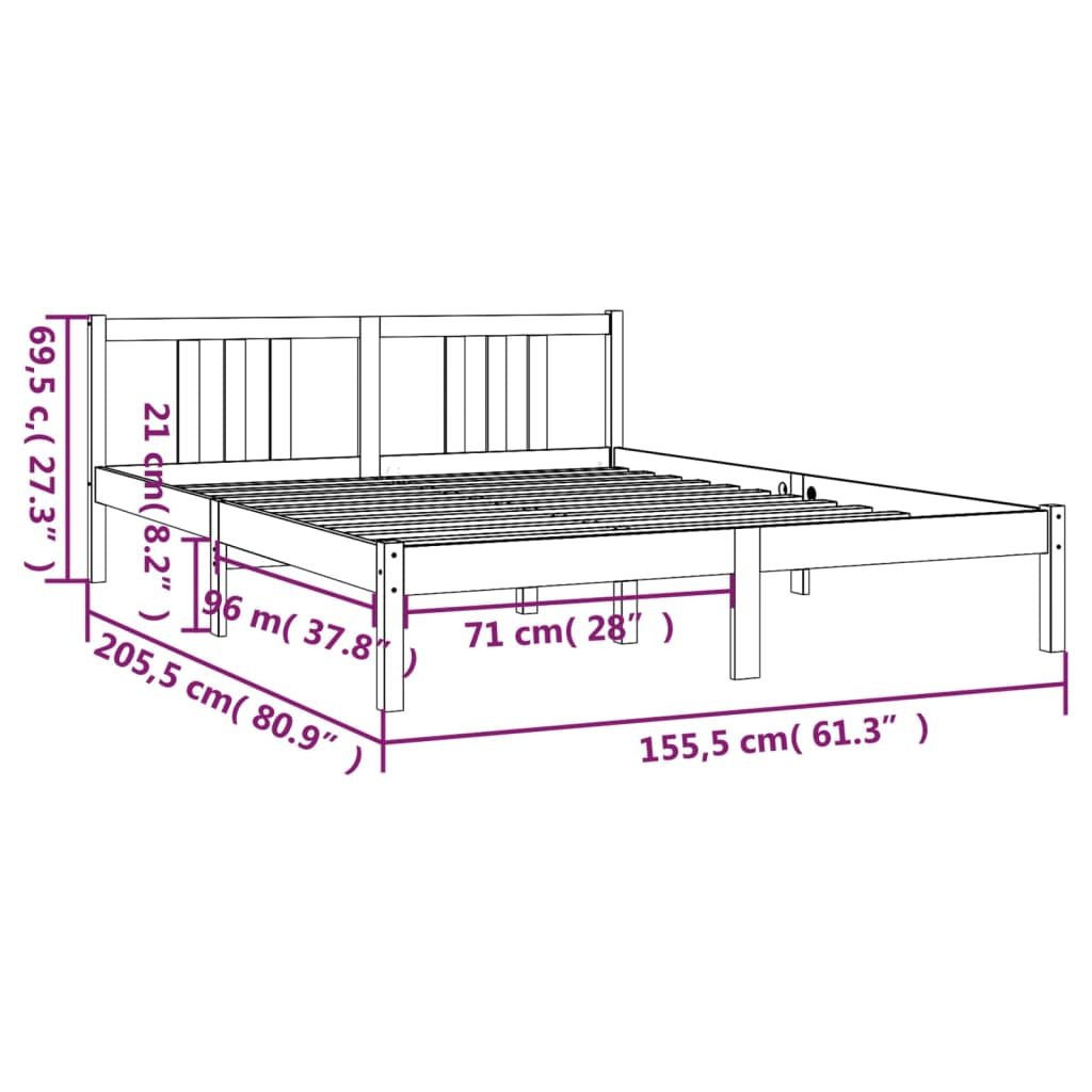 vidaXL Cadre de lit Gris Bois massif 150x200 cm Très grand