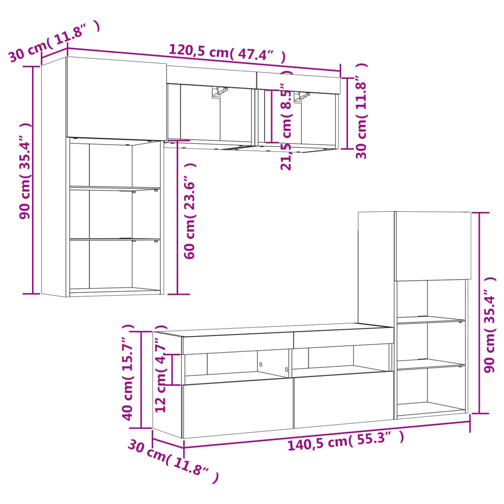 vidaXL Unités murales TV avec LED 5 pcs chêne sonoma bois d'ingénierie