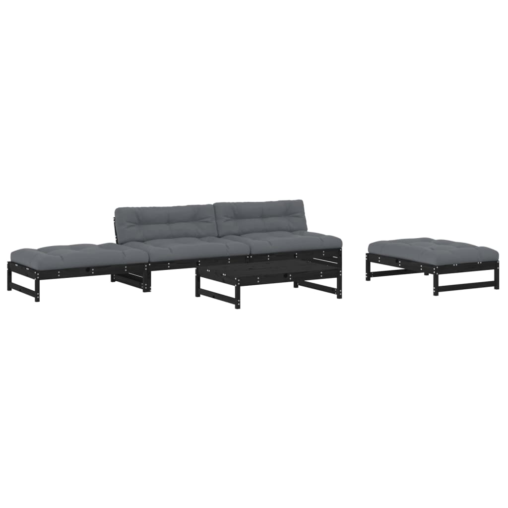 vidaXL Salon de jardin 5 pcs avec coussins noir bois massif