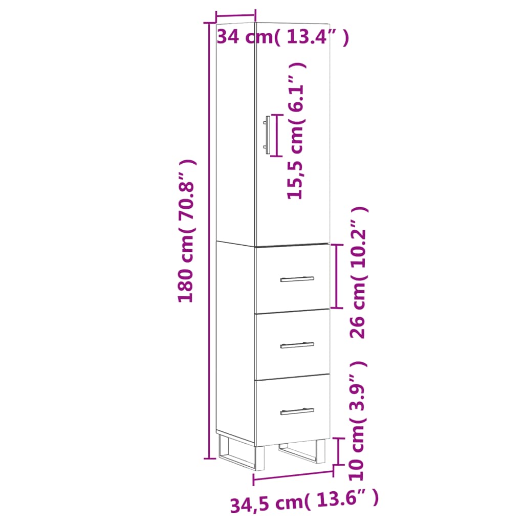 vidaXL Buffet haut Sonoma gris 34,5x34x180 cm Bois d'ingénierie