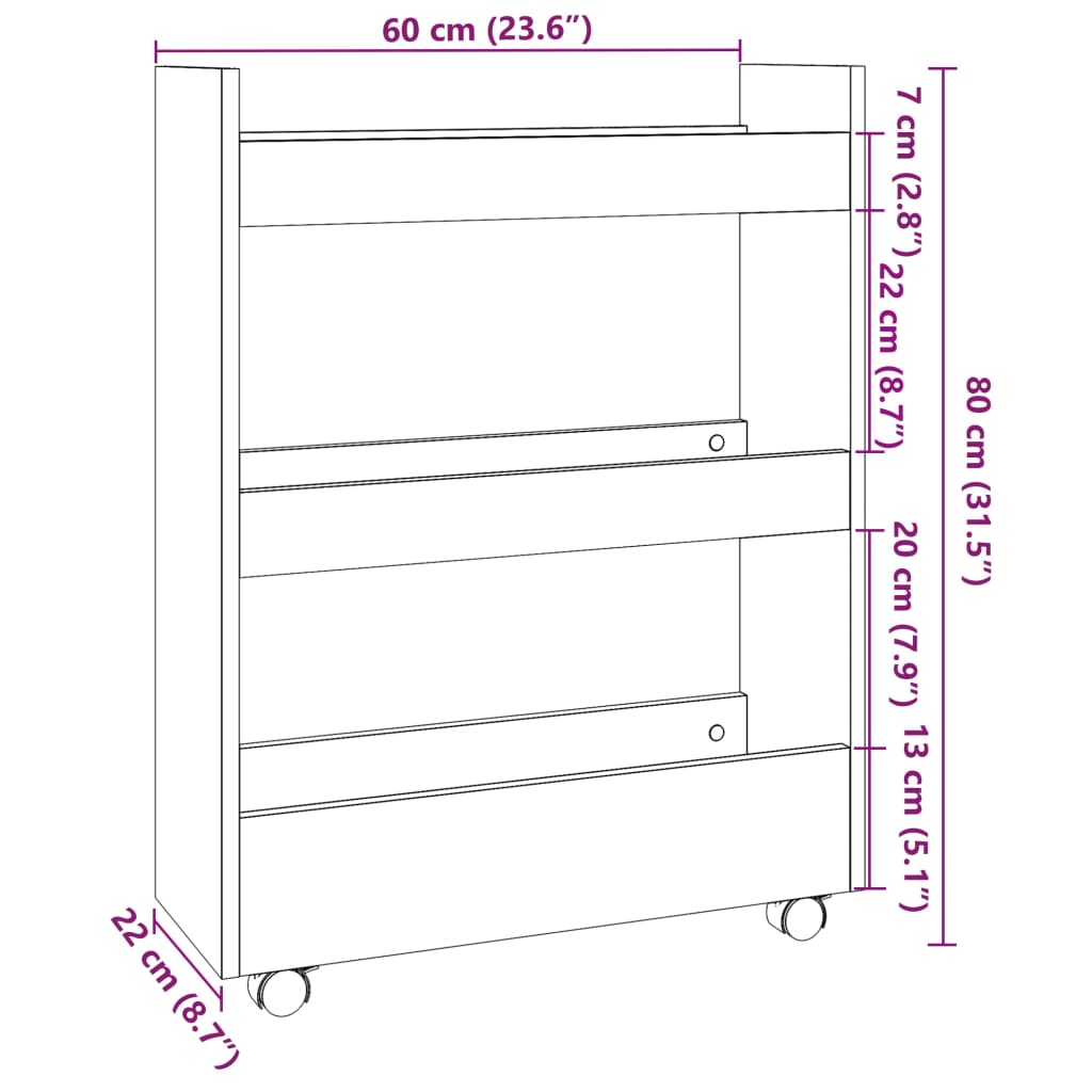 vidaXL Chariot de rangement étroit 3 niveaux blanc bois d'ingénierie