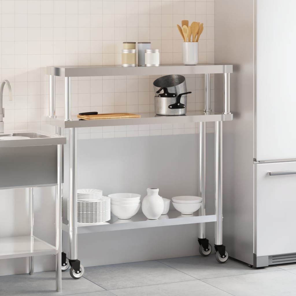 vidaXL Table de travail de cuisine avec étagère 110x30x120 cm inox