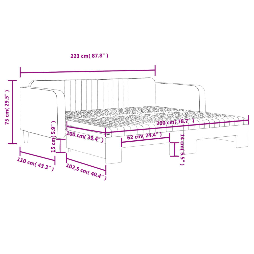 vidaXL Lit de jour et gigogne et matelas gris clair 100x200 cm velours