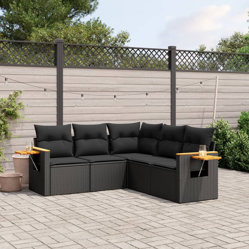 vidaXL Salon de jardin 5 pcs avec coussins noir résine tressée