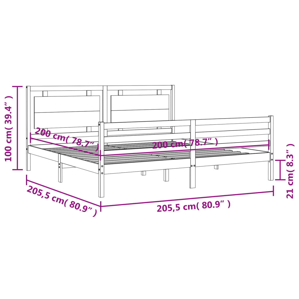 vidaXL Cadre de lit avec tête de lit gris 200x200 cm bois massif
