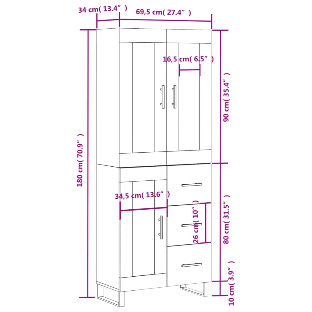 vidaXL Buffet haut Chêne marron 69,5x34x180 cm Bois d'ingénierie