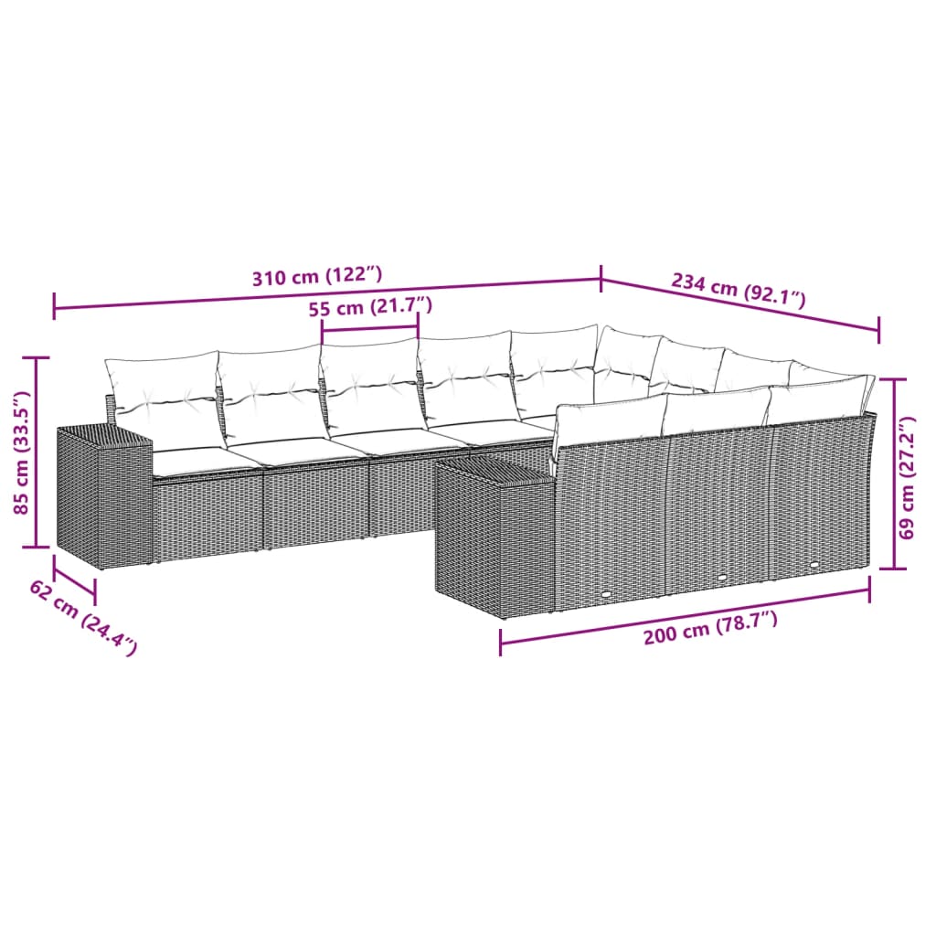 vidaXL Salon de jardin avec coussins 10 pcs gris résine tressée