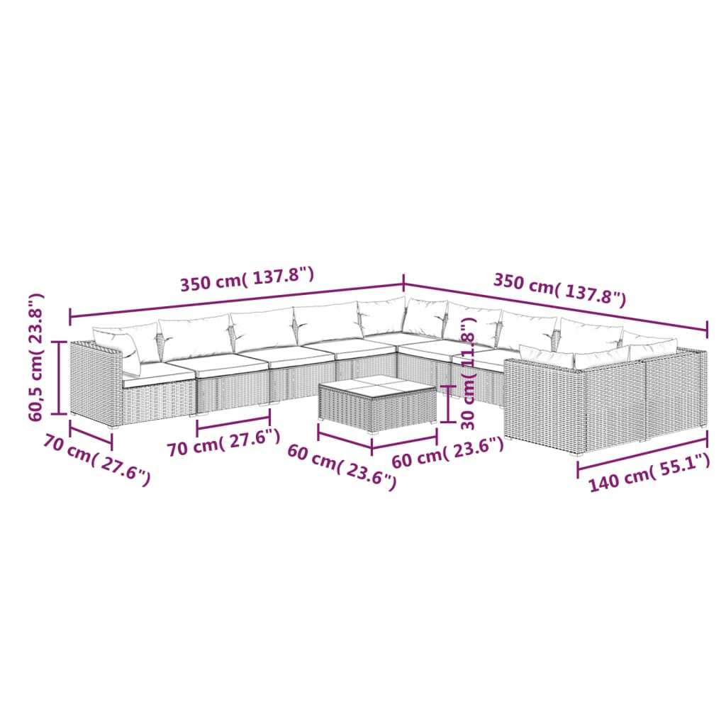 vidaXL Salon de jardin 11 pcs avec coussins Résine tressée Marron