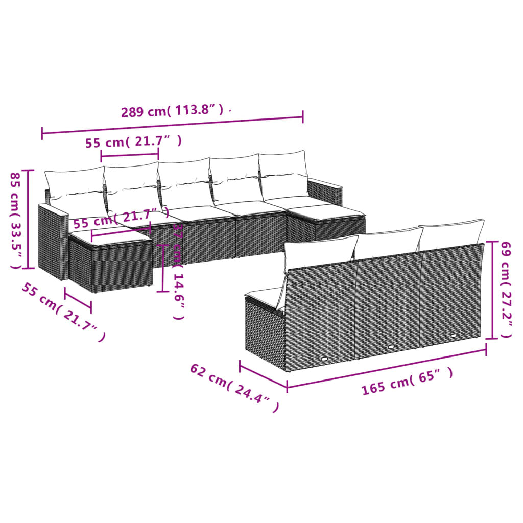 vidaXL Salon de jardin avec coussins 10 pcs gris résine tressée