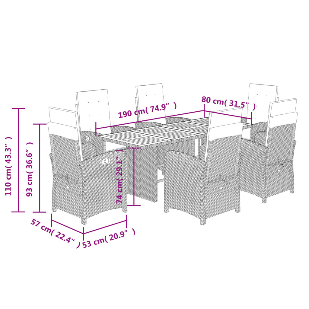 vidaXL Ensemble à manger de jardin coussins 7pcs Noir Résine tressée